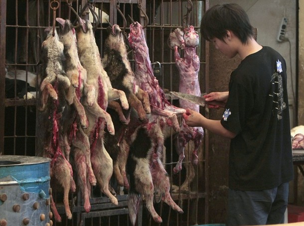 A vendor skins dogs at a food market in Nanjing